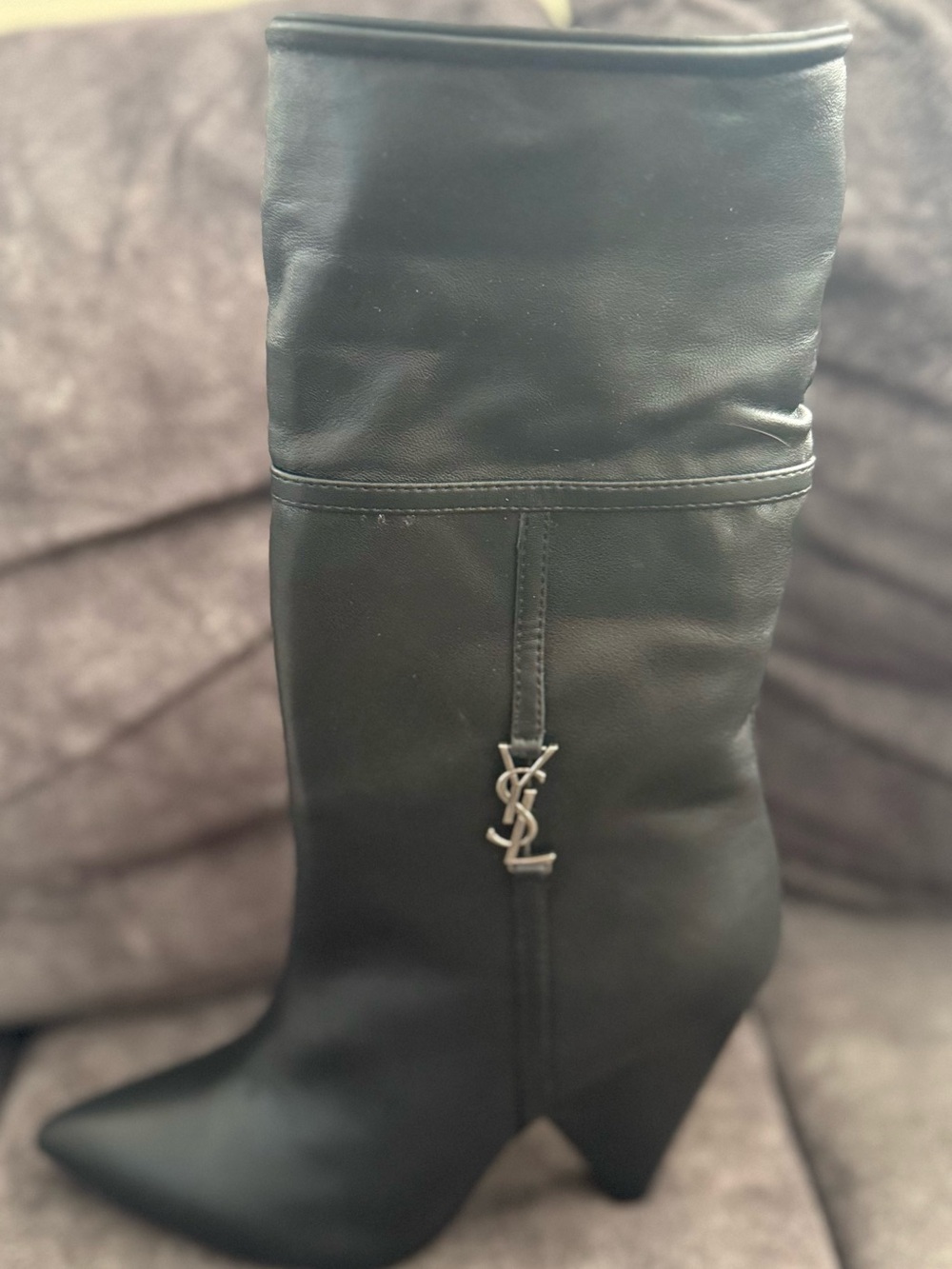 Saint Laurent Black Leather Fold-Over Pointed-Toe Mid-Calf Boots (45) - Picture 8 of 9